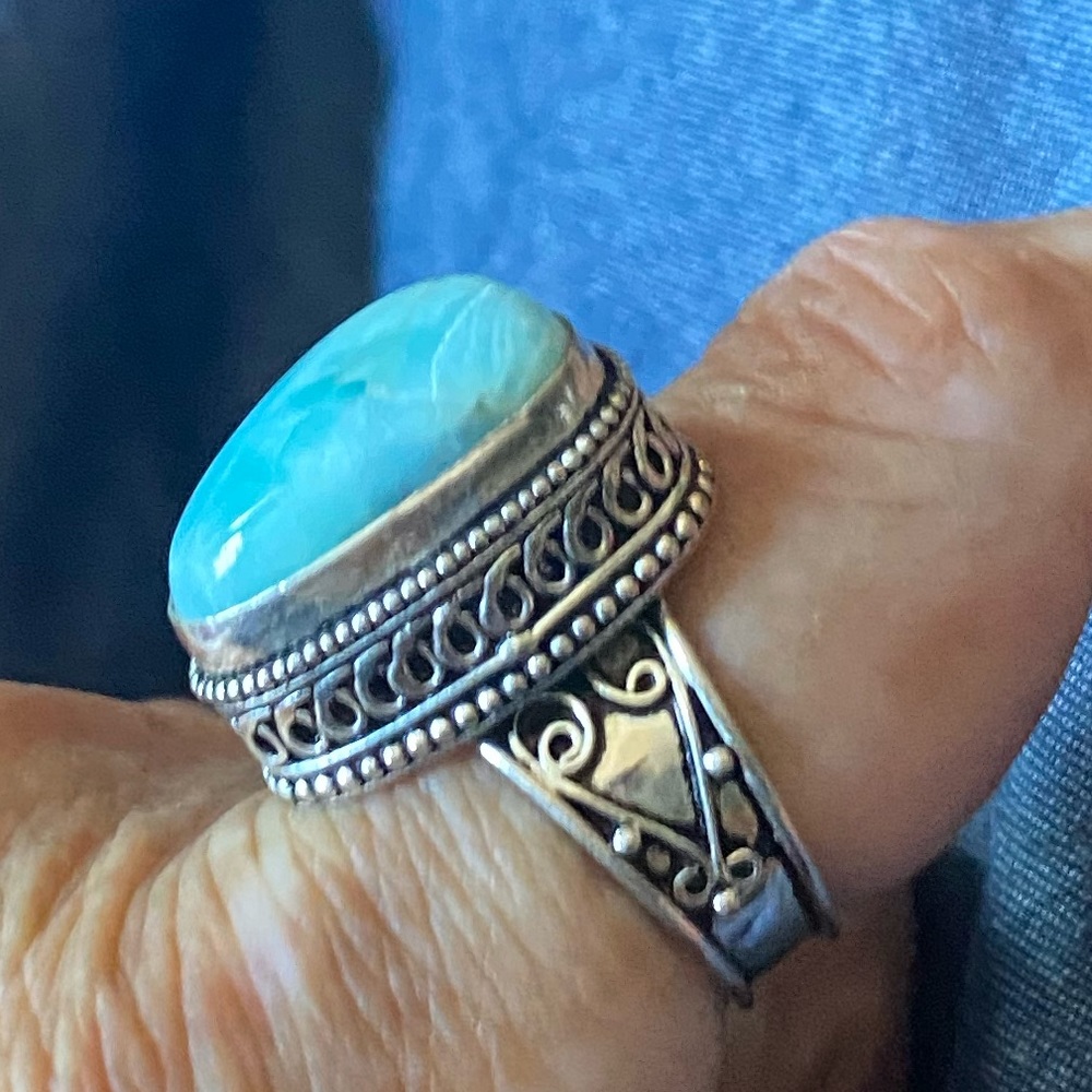 Vintage-Larimar & Sterling Silver Handcrafted Ring Size 9 - Picture 10 of 14